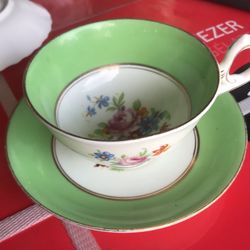 Vintage Sampson Smith Old Royal Bone China Tea Cup & Saucer. Multicolored Flowers with a green band. 