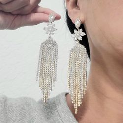 Gold white rhinestones diamond crystals drop dangle floral flower geometric earrings Gift