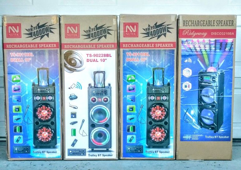 RIDGEWAY./ PORTABLE SPEAKER BLUETOOTH / FMRadio /KARAOKE /USB. TFCARD / MP3
CONTROL REMOTE / 🎤 MICROPHONE INC. (4000W) BATTERY RECARGABLE ( each.