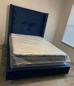 Blue Velvet Diamond Queen Size Bed with 6 FT Headboard. Brand New. MATTRESS SET IS NOT INCLUDED.