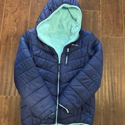 Girl's Puffer Hooded Jacket Waterproof Reversible, L 14/16