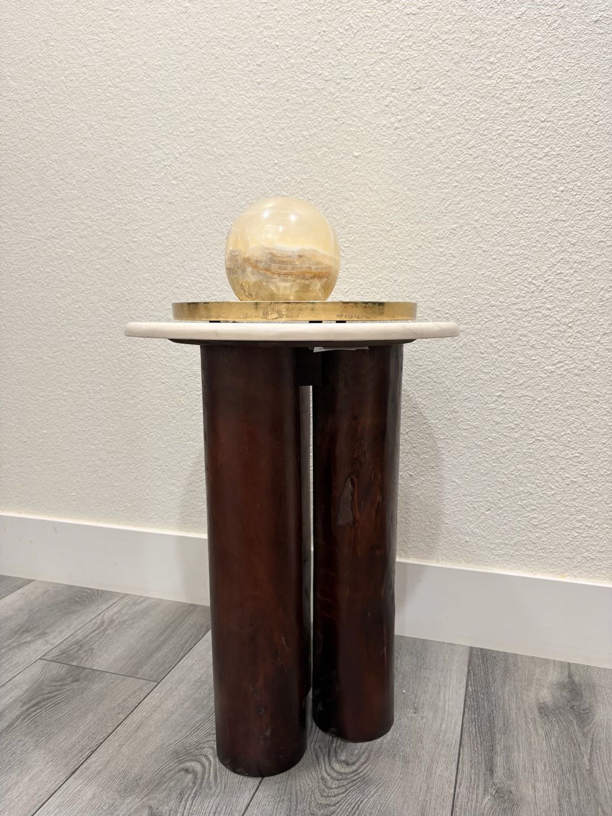 NEW Designer Side Table with Three Real Teak Wood Log Legs & Authentic Marble top