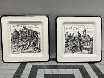 Set of two square plates by cities, Rome and London, 8x8 inches, Made in Italy  As shown on the photos have small imperfections 