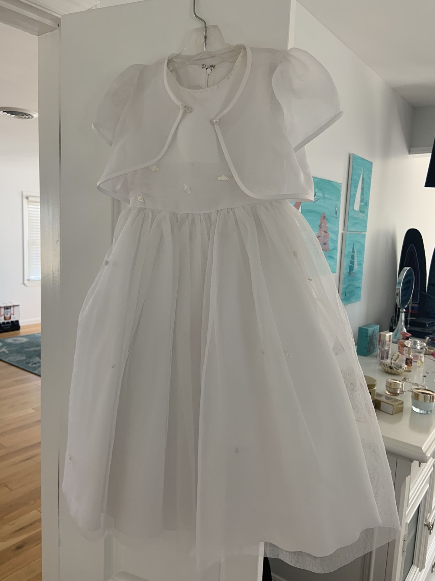 Girls First Communion /wedding Dress- Sheath Dress - White Dress With Jacket And Headband . Size 6- 15 Dollars