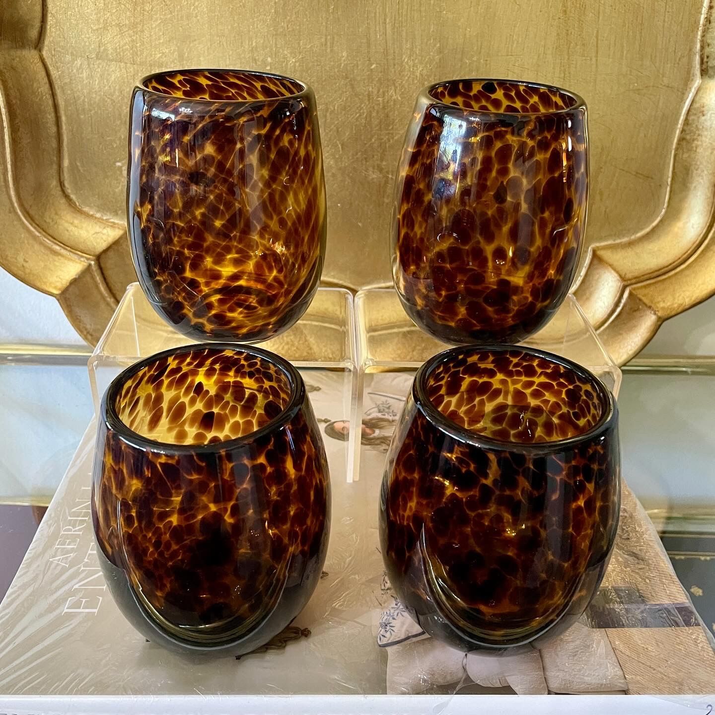 Hand Blown Tortoise Shell Glass Stemless Wine Glasses - Set of 4