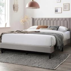 Queen Size Light Brown Bed W Orthopedic Mattress 