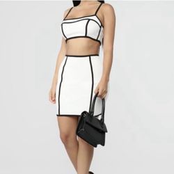 White & Black Cute Crop Top Skirt Set