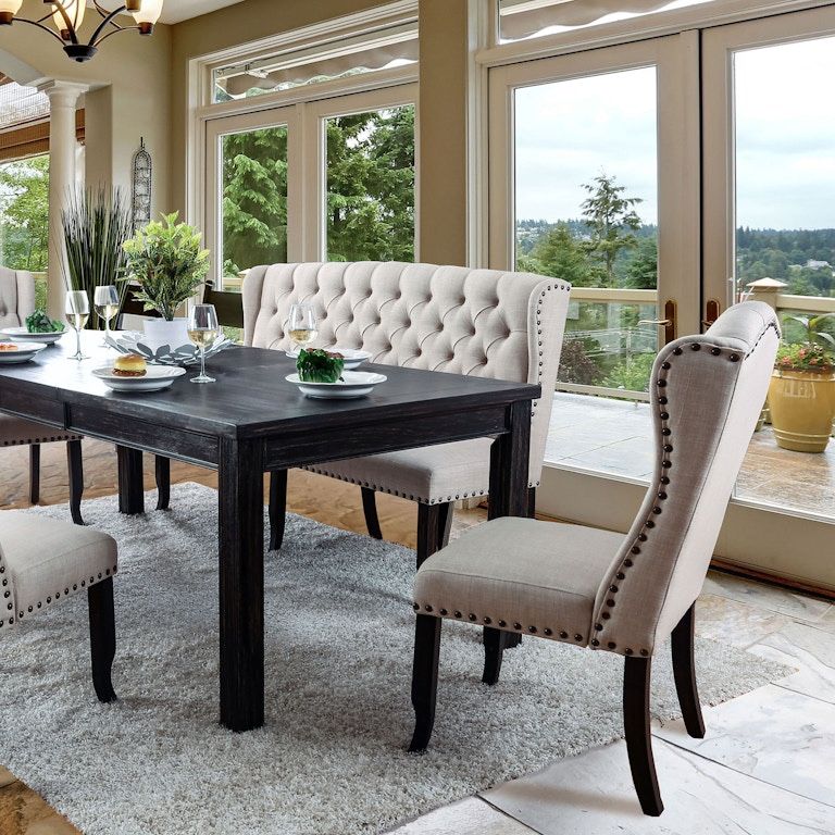 Rustic Antique Black Dining Table Set 84β Long With Loveseat Bench & 4 Chairs