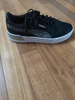 New PUMA Carina Women's Sneakers — Black Leather, Snakeskin Stripe Size 9