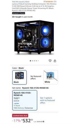 suevery Prebuilt Gaming Desktop Computer 16G Memory 512G SSD Ryzen5 6Cores 3.6G Up to 4.1G 4G Graphics Card WiFi 6 Bundle Gamer Tower Streaming PC (Bl