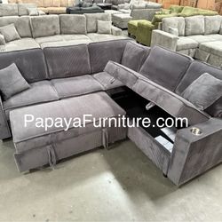 New Sectional Couch Storage Chaise Pullout Sleeper Bed Sofa Sofabed Grey 