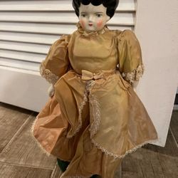 ANTIQUE VINTAGE BLACK HAIR PORCELAIN DOLL 19” ON STAND 