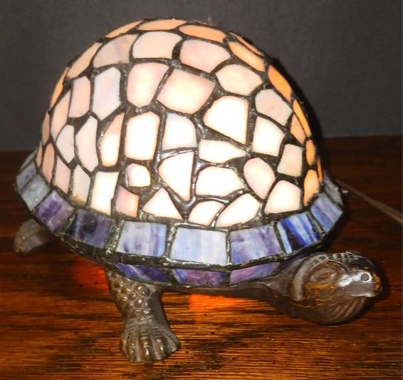 Vintage Stained Glass Tiffany Style Brass Turtle Accent Lamp Night Light