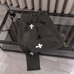 Chrome Hearts patch leather cross Barbie pink men's and women's loose straight denim pants trendy 32