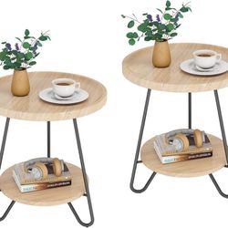 Tribesigns Set Off 2 Round Side Table, 2-Tier End Table with Metal Legs, Modern Industrial Beside Table, Small Accent Table Snack Table for Living 