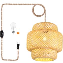 Plug in Pendant Light Rattan Hanging Lights with Plug in Cord Bamboo Hanging Lamp Dimmable