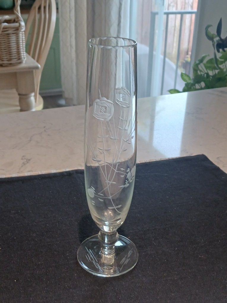 Clear Glass Cut/Etched Flower Vase
