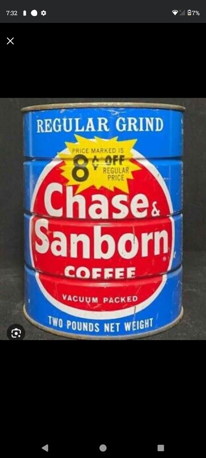 VINTAGE CHASE & SANBORN COFFEE METAL TIN, REGULAR GRIND, VACUUM PACKED, 2 LBS
