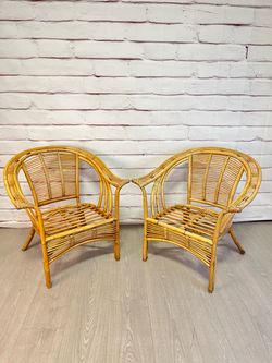 Pier 1 Coastal Boho Bamboo Rattan Armchairs 2pc
