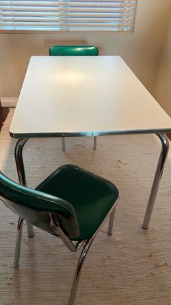 Crate & Barrel White-Top Chrome Kitchen Table + 2 Retro Metallic Green Chairs