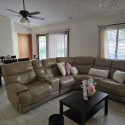 Beige Leather Sectional With 3 Recliners