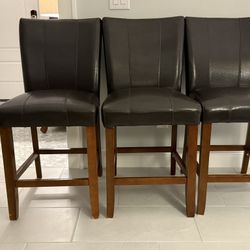 3 Dark Brown Leather Type Bar Stools For Sale