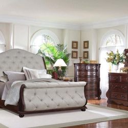 Queen 4pc Linen Sleigh Bedroom Set $1600