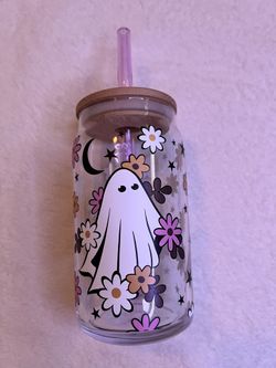 Floral Spooky Season Ghost Cup Or Glass Can 