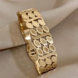 Vintage 18 k gold plated Stainless Steel Hollow Wide Fashion Multiple Rows Wheat Leaves Bracelet