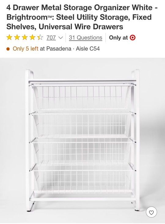 
4 Drawer Metal Storage Organizer White - Brightroom™: Steel Utility Storage, Fixed Shelves, Universal Wire Drawers