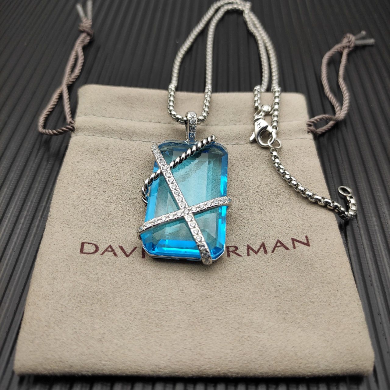 David Yurman Sterling Silver Necklace with Blue Crystal Pendant