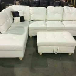Brand New White Leather Sectional With Storage Ottoman 