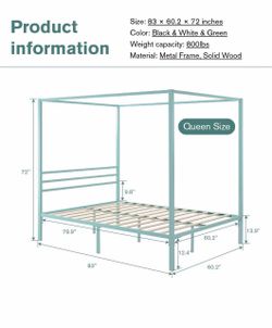 Like New Tiffany blue Metal Canopy Platform Bed Frame/Mattress Foundation with Wood Slats Support/No Box Spring Needed/Easy Assembly, Queen
