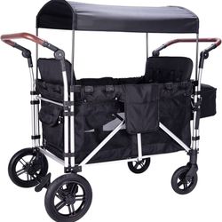 Stroller Wagon for 4 Kids, 4 seats Wagon Cart Featuring with 5-Point Harnesses and Adjustable Canopy, Foldable Double Push Bar Wagon Stroller
