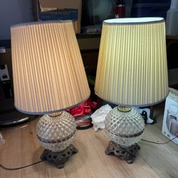Vintage Hollywood Regency Diamond-Point Cut Glass & Brass Table Lamps