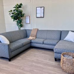 Fast Delivery Available — Rowe Furniture Blueish Gray Modern 3pc U Sectional Couch with Chaise