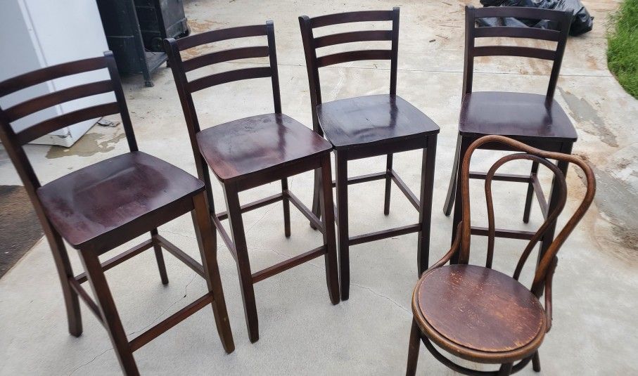 4 Wooden Barstools 43" Tall, Total.   1 Small Wicker Chair 