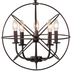 Industrial Orb Chandelier – 5-Light Antique Bronze Globe Cage Pendant Fixture, Halloween Party