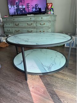 Round Marble Coffee Table w/ Storage Shelf