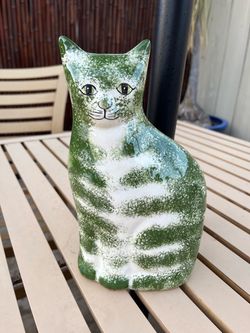 Ceramic cat green and white approx 10” tall