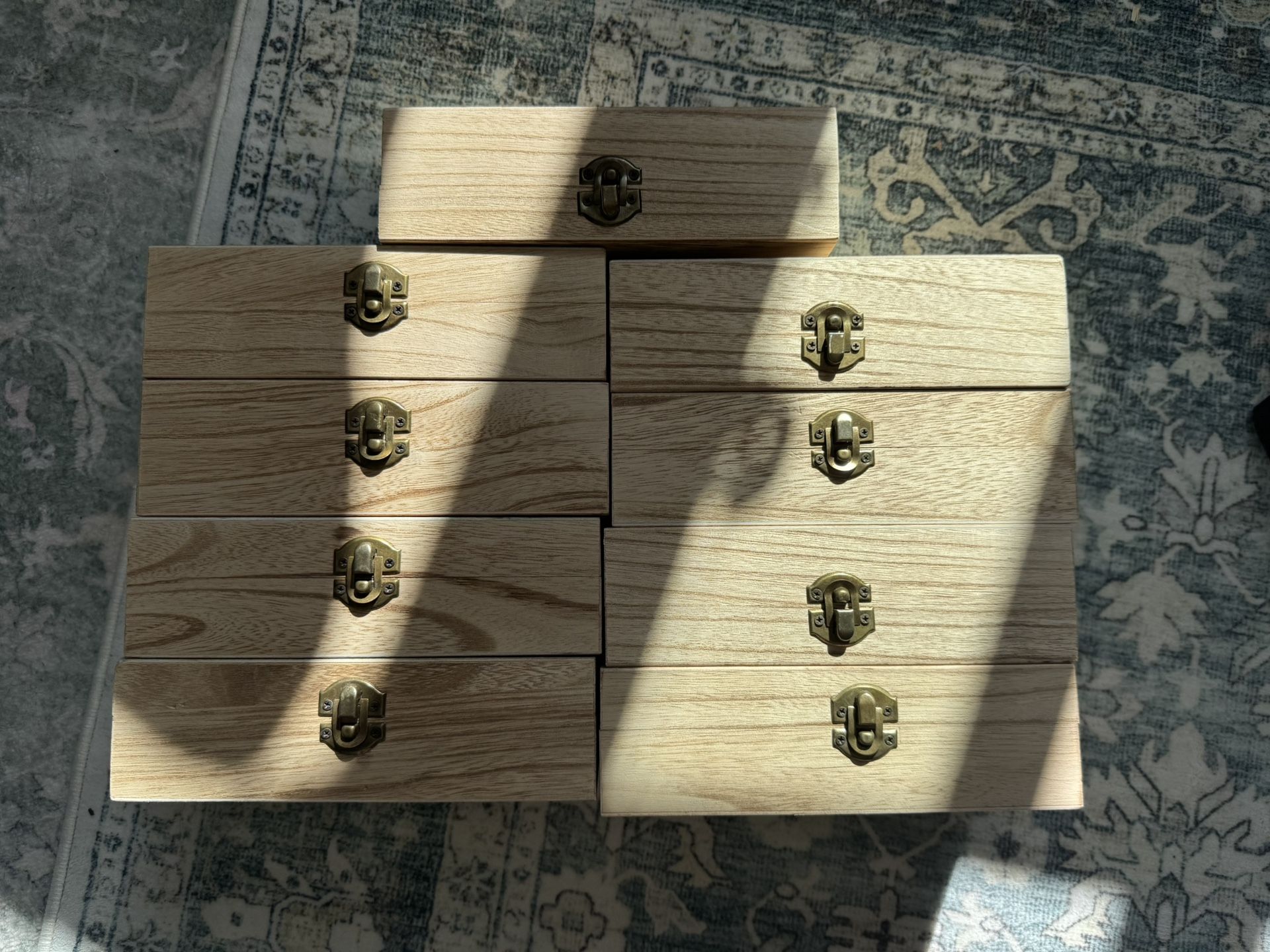 Set of 9 Wooden Storage Boxes with Brass Latches – Arts and Crafts