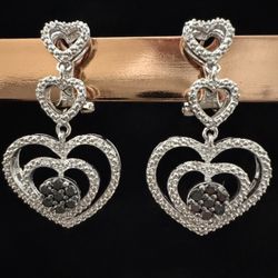 Sterling Silver ~1/2CTW Black & White Diamond Heart Dangle Earrings