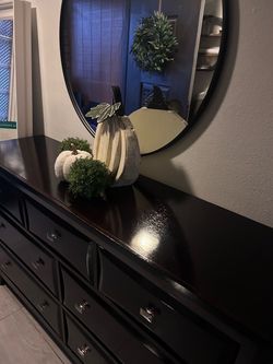 Dark Wood Dresser with Round Mirror