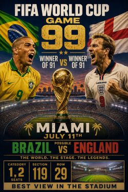Fifa world cup game 99. Winner of 91 vs winner of 91. Miami, July 11th. Category 1, 2 seats, section 119 row 29