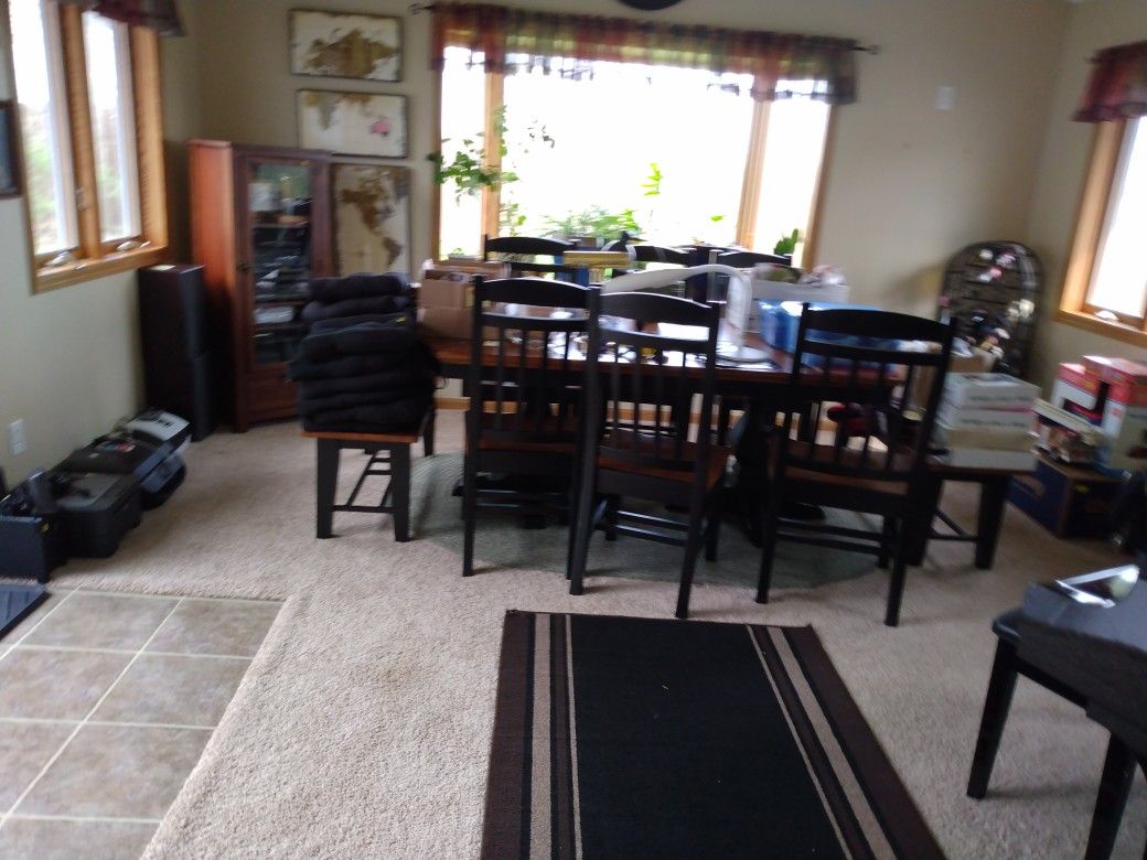  Heavy - Brown tone with black trim dining room table  benches and chairs