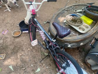 Pink, black and white mongoose bike