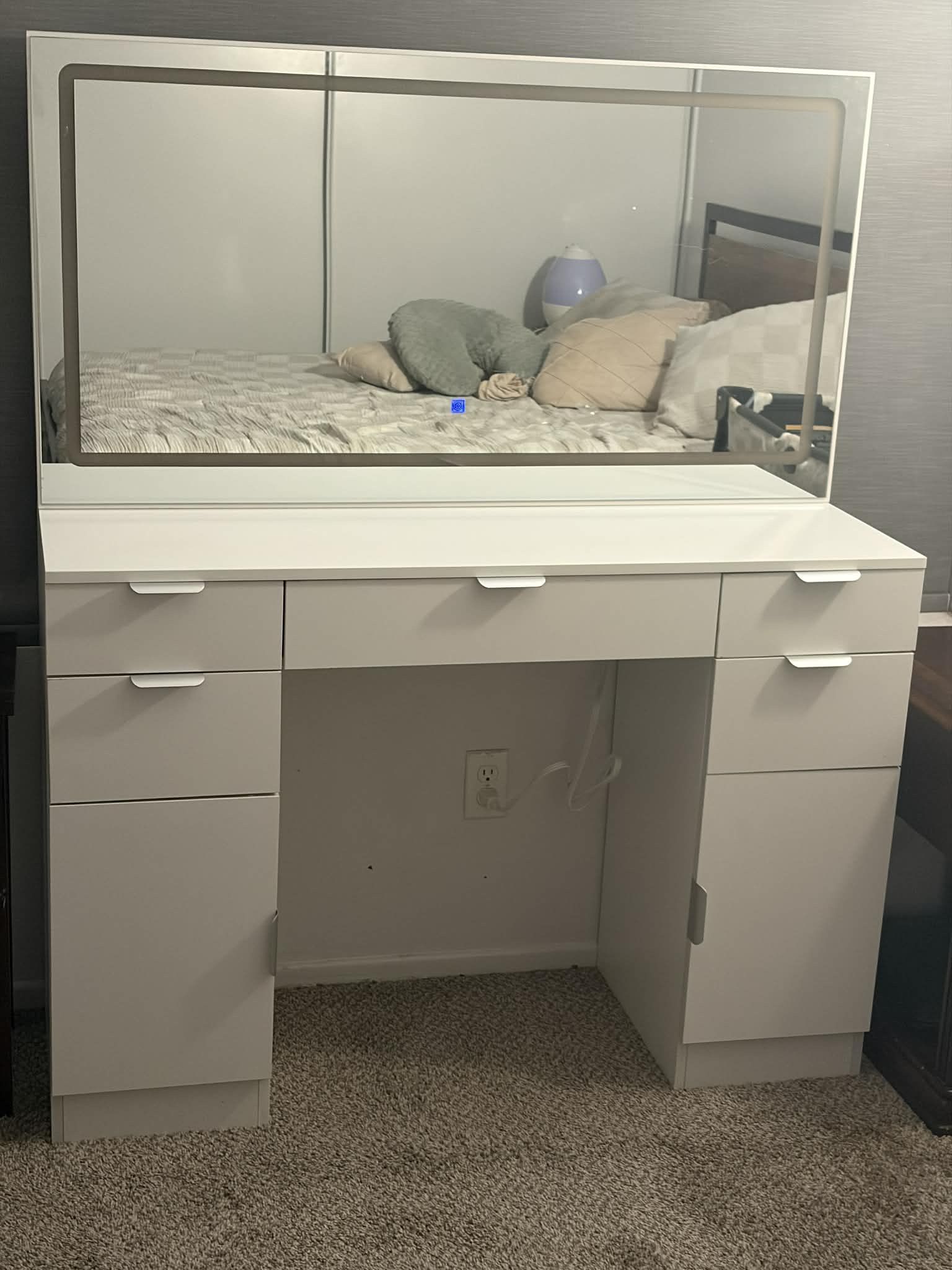 Large White Makeup Vanity Table with LED Mirror & 5 Drawers and Stool