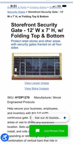 Storefront Security Gate - 12' W x 7' H, w/ Folding Bottom