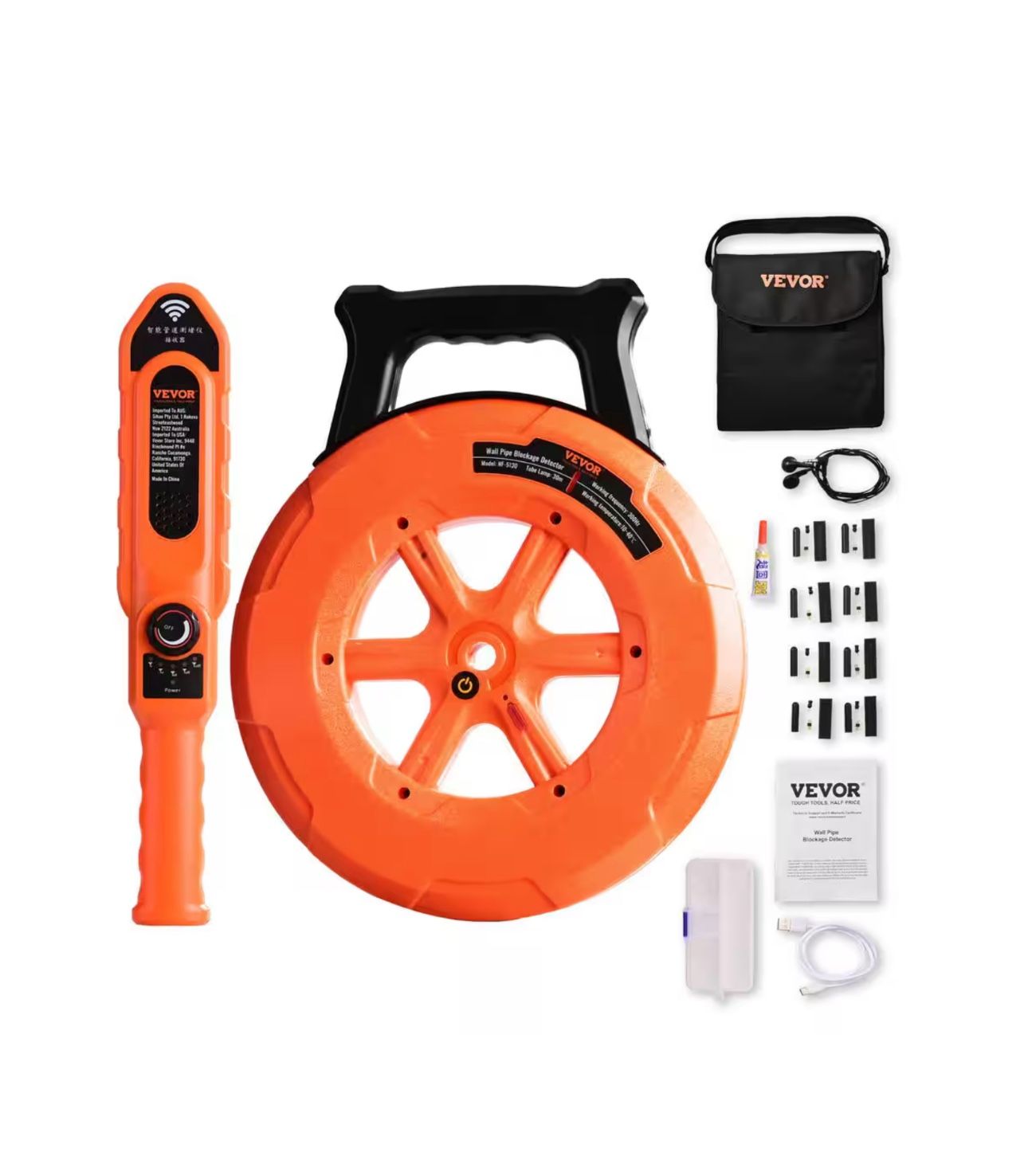 Pipe Blockage Detector ABS Pipe Locator IP67 Waterproof with 100 ft. Signal Line 8 Spare Probes for PVC Plastic Metal