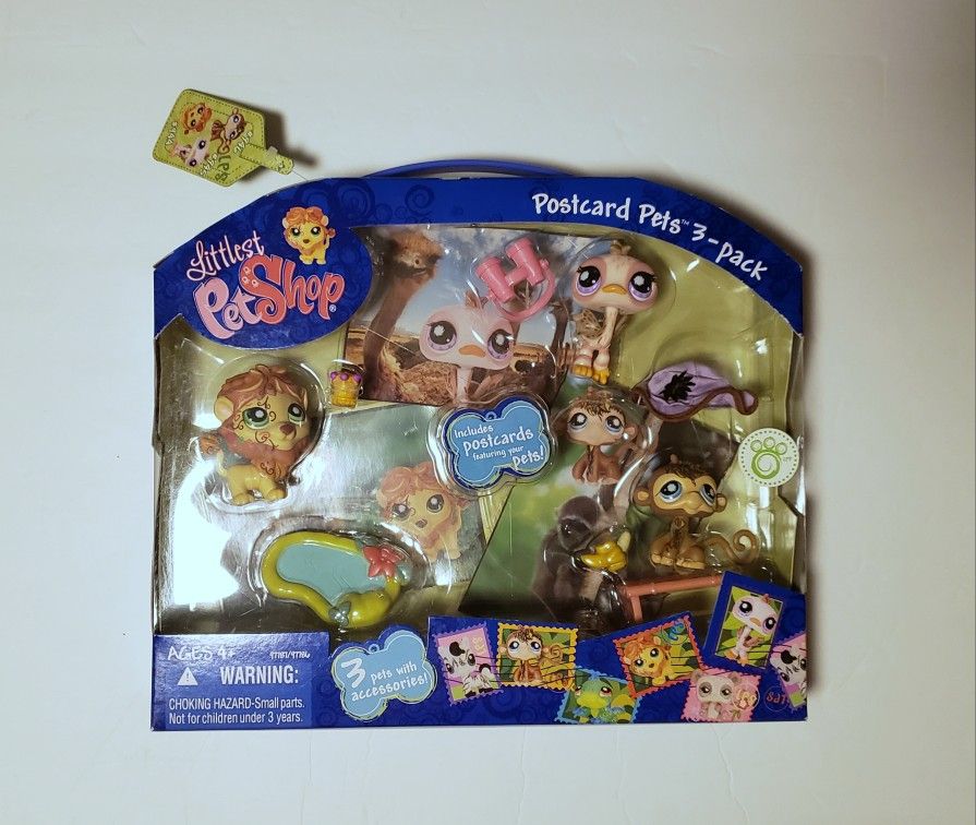 2009 Littlest Pet Shop Postcard Pets 3-Pack NIB 944 Lion 946 Monkey 945 Ostrich